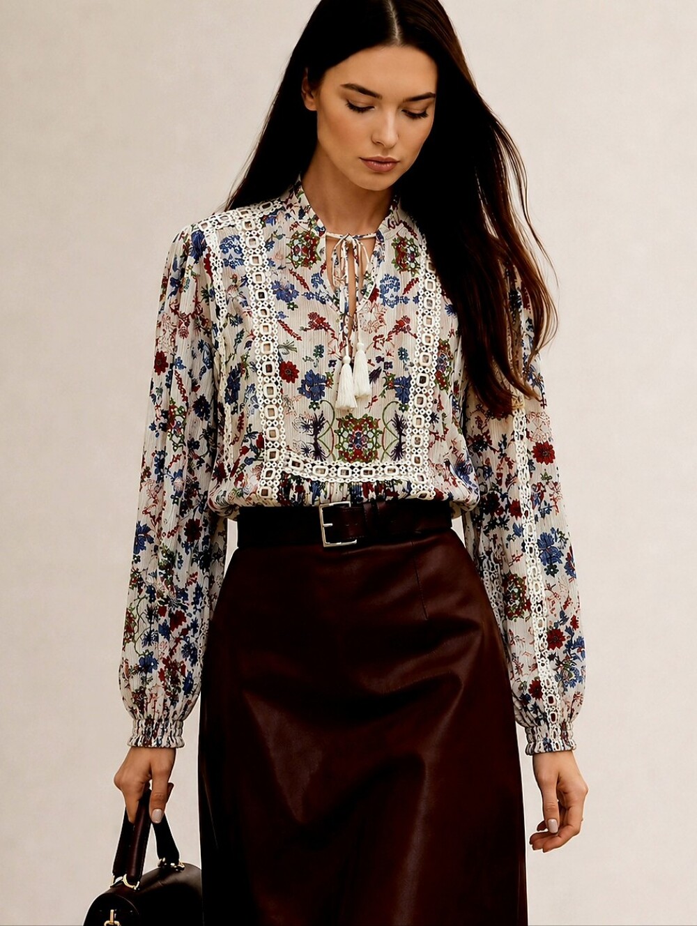 NEWOT🐞LAVA Boho White Floral Puff Sleeve Blouse with Lace & Tassels Tie Sz: L